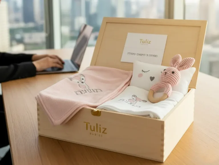 מארז לידה יוקרתי של טוליז בייביז עם כיתוב אישי", "מתנת לידה לעובדת הייטק בתוך סביבת משרד