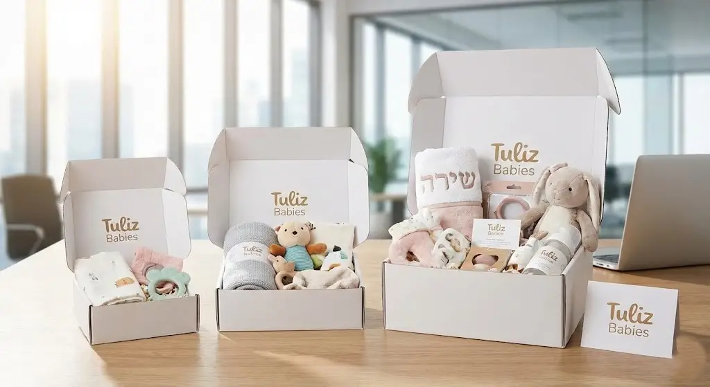 מגוון מארזי לידה לחברות בגדלים שונים", "מארז מתנה לעובדת בתקציב נגיש", "מתנות יוקרה ליולדות בארגונים