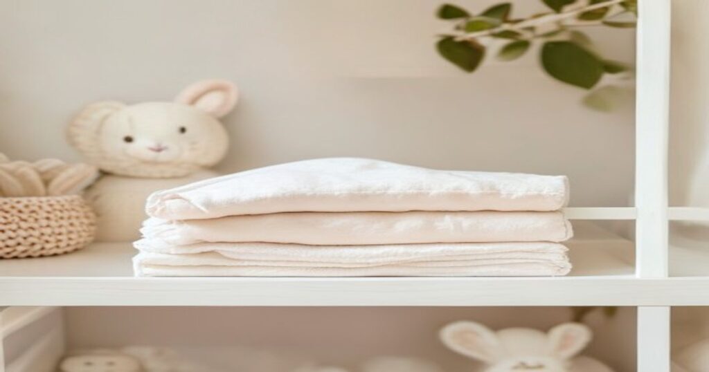 שמיכה לתינוק – שמיכות תינוק רכות מקופלות על מדף בחדר ילדים